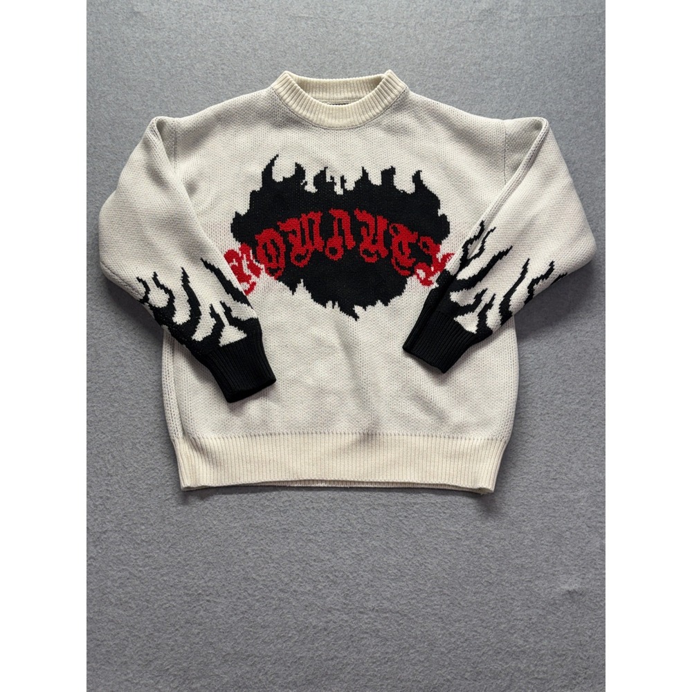 Romwe Mens White Knit Graphic Sweater Black Flame Red Gothic Lettering‎ Size M